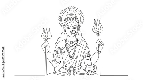 Intricate Line Drawing of Deity with Multiple Arms Holding Tridents and