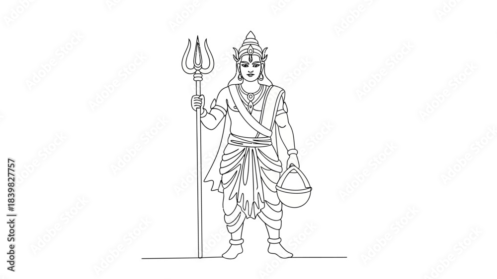 Fototapeta premium Elegant Line Art Illustration of a Mythical Warrior God Holding a Trident and