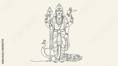 Intricate Line Drawing of a Mythological Deity with Animal and Bird Elements