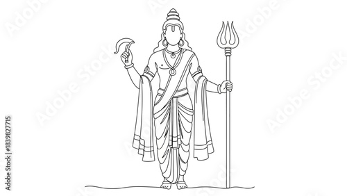 Line Art Illustration of a Deity Holding a Trident and Wearing Traditional