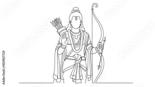 Minimalist Black and White Line Drawing Depicting a Sacred Archer Figurine
