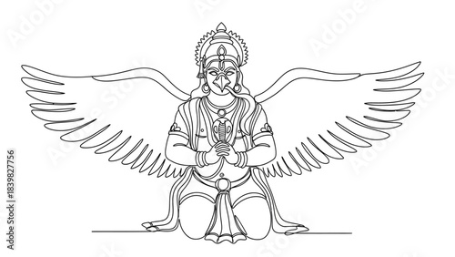 Intricate line drawing of traditional deity with outstretched wings in