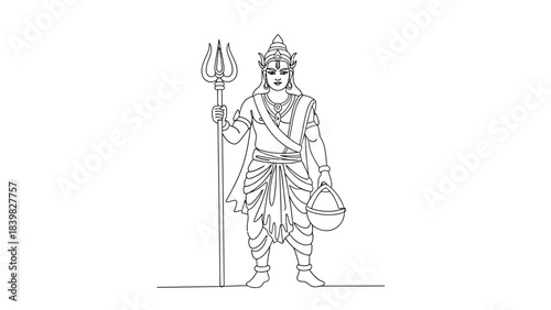 Elegant Line Art Illustration of a Mythical Warrior God Holding a Trident and
