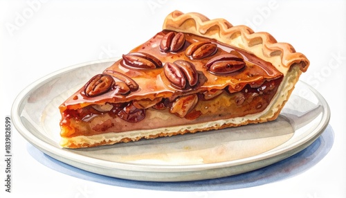 Watercolor Slice of Pecan Pie with Golden Crust on a White Plate
