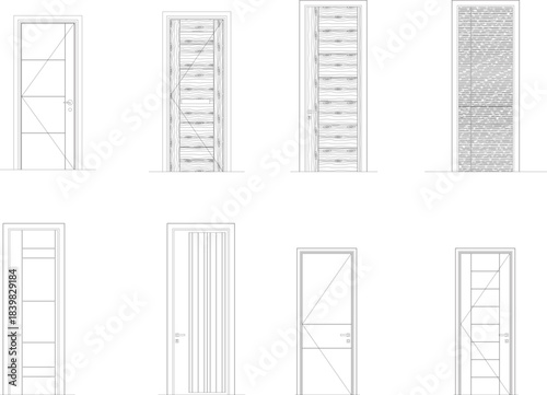 set of door design front view. Architectural kit of doors design icons for interior project. Door for scheme of apartments. Construction symbol