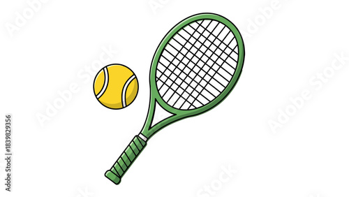 Green Tennis Racket and Ball on White Background Sports Equipment Icon