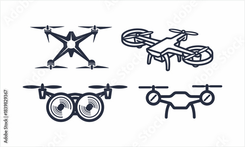 Set of four distinct drone illustrations showcasing various designs and aerial technology.