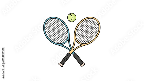 Crossed Tennis Rackets and Ball Isolated on White Background Sport Equipment