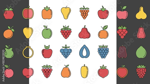 Collection of Minimalist Flat Fruit Icons in Various Colors on Split Background