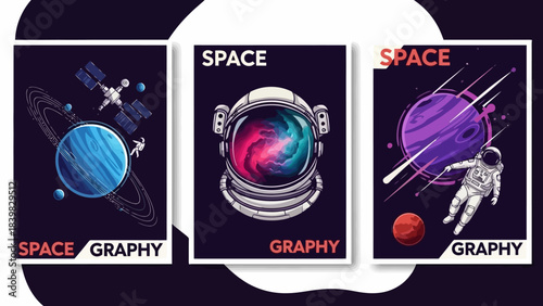 Astronauts and Planets in Space, Retro Poster Style, Sci-Fi Art Collection