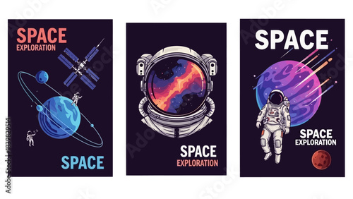 Vibrant Space Exploration Posters Featuring Astronauts, Planets, and Spacecraft