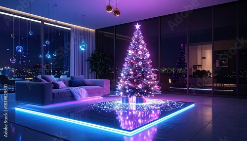 Festive Christmas Tree Lit With Colorful Lights Inside Modern Living Room at Night