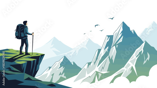 Adventurer Standing on a Mountain Cliff Edge with Backpack and Trekking Poles