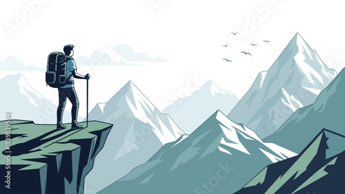 Hiker Stands on Mountain Cliff Edge Admiring Panoramic Mountain Range Landscape