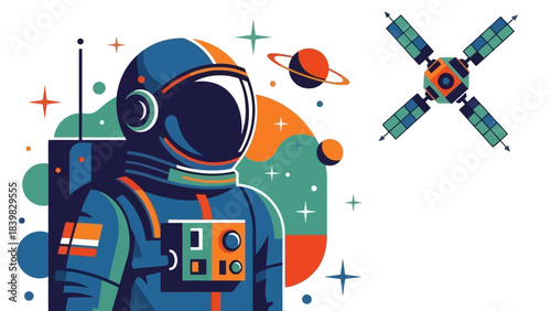 Vibrant Astronaut in Space with Planets and Satellite, Retro Style