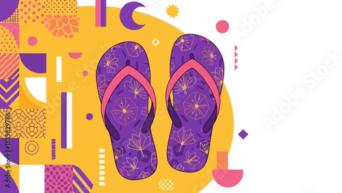 Colorful Flip Flops with Floral Pattern on Abstract Geometric Background