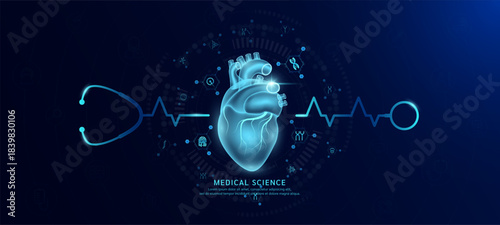 Heart organ hologram in transparent with stethoscope. Genetic icons are around. Medical science banner dark blue. Health care concept. Vector EPS10.