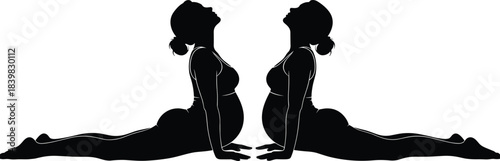 Prenatal yoga silhouette, pregnant women pose, mirrored maternity stretch, black vector art, pregnancy fitness illustration, wellness posture design