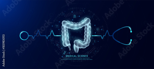 Organ intestine hologram in transparent with stethoscope. Genetic icons are around. Medical science banner dark blue. Health care concept. Vector EPS10.