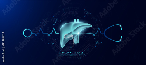 Bladder organ hologram in transparent with stethoscope. Genetic icons are around. Medical science banner dark blue. Health care concept. Vector EPS10.