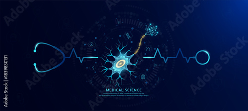 Organ nerve cell hologram in transparent with stethoscope. Genetic icons are around. Medical science banner dark blue. Health care concept. Vector EPS10.