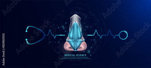 Organ nose hologram in transparent with stethoscope. Genetic icons are around. Medical science banner dark blue. Health care concept. Vector EPS10.