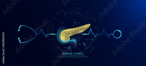 Organ pancreas hologram in transparent with stethoscope. Genetic icons are around. Medical science banner dark blue. Health care concept. Vector EPS10.