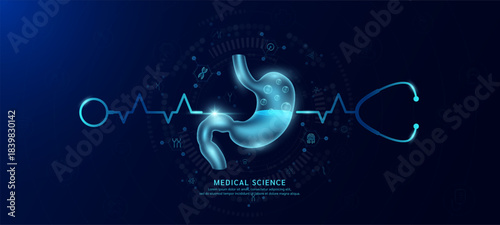Stomach organ hologram in transparent with stethoscope. Genetic icons are around. Medical science banner dark blue. Health care concept. Vector EPS10.