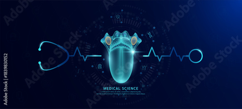 Tongue organ hologram in transparent with stethoscope. Genetic icons are around. Medical science banner dark blue. Health care concept. Vector EPS10.