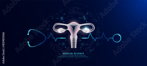Uterus organ hologram in transparent with stethoscope. Genetic icons are around. Medical science banner dark blue. Health care concept. Vector EPS10.