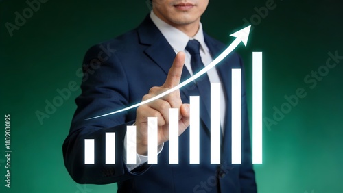 Businessman pointing at rising bar chart