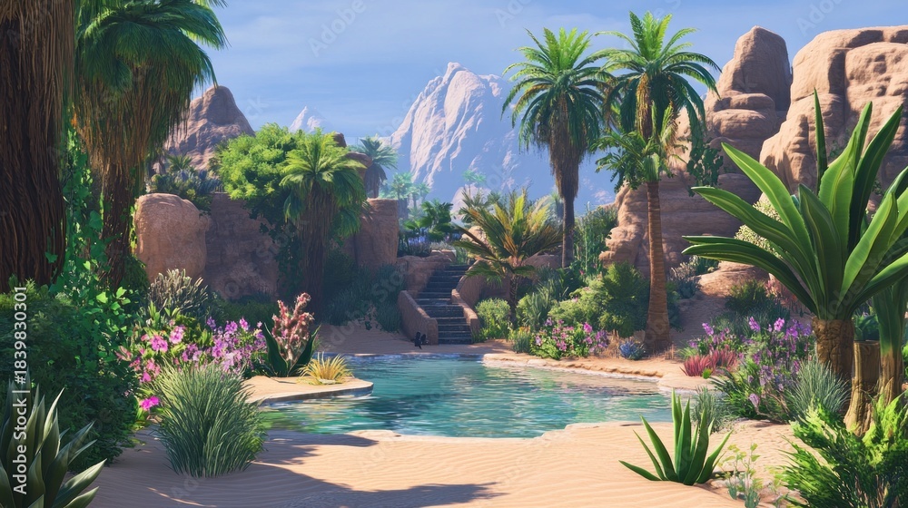 Fototapeta premium Desert oasis with pool and lush vegetation. Tranquil scene featuring a secluded pool surrounded by palm trees, rocks, and various desert plants. A mountain backdrop completes the idyllic landscape