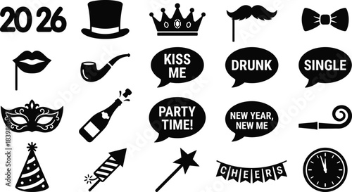 Photo booth props and party mask silhouette icon set. Happy new year 2026 glasses, funny speech bubble, crown, mustache, and red lips symbols for selfie photography event vector collection design.
