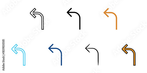 Turn left icon set multiple style vector collection. Editable Stroke 
