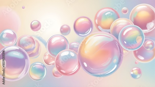 Iridescent soap bubbles floating in soft pastel light