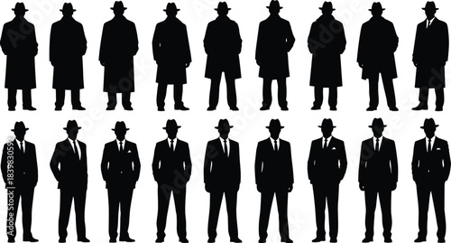 Silhouette men in formal suits and hats standing in row, professional business concept illustration, cad drawing flat vector illustration
