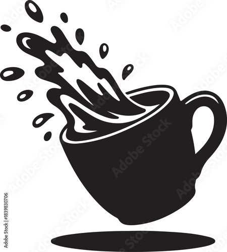 coffee cup splash icon with flying droplets and shadow vector illustration 