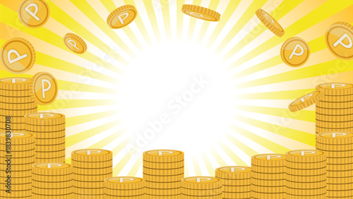 山積みのポイントコインと集中線の背景素材