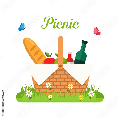 Resting on a lush patch of green grass dotted with daisies, this charming picnic basket is packed with a baguette, apples, and a bottle, while colorful butterflies dance beneath the green title text.