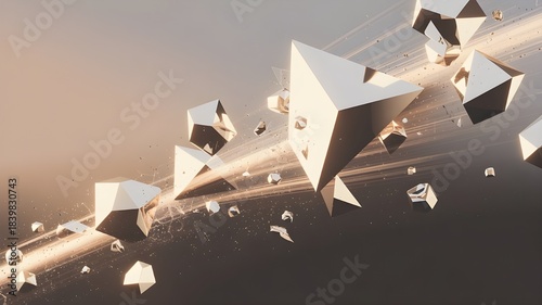 Abstract digital rendering features sharp geometric polyhedrons floating through a dynamic light streak against a soft gradient background suggesting motion and technology