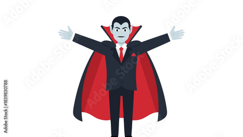Pixel Art Dracula Vampire Character In A Black Suit And Red Cape With Arms Outstretched Isolated On A Black Background