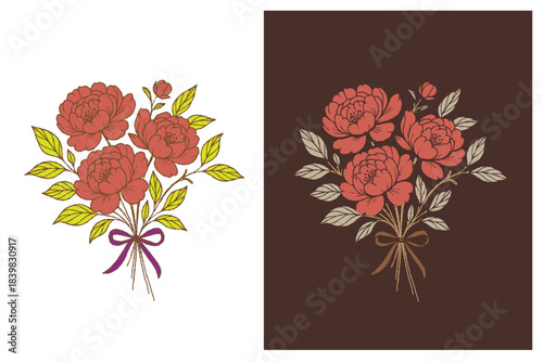 Hand drawn bouquets of Tulips. vintage spring fresh flowers tied with ribbon. Beautiful lush tulips for Mother's Day. Holiday floral decor. Vector Colorful isolated illustrations