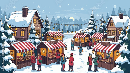 Winter Village Festivities: Capturing the festive ambiance of a snow-covered village market. People browse the quaint stalls of a charming holiday market.