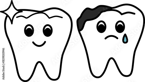 toot Illustration of clean healthy tooth and unhealthy tooth with a cavity