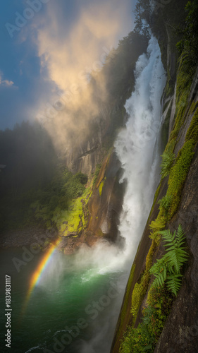 “Mystic Waterfall Glow with Rainbow Light and Lush Forest Surroundings”