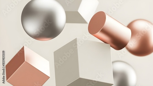 Abstract 3d geometric shapes composition with metallic and matte finishes