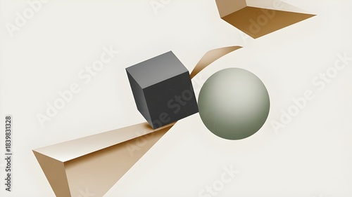 Abstract 3d shapes composition with cube, sphere, and triangles on light background