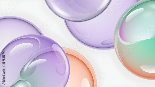 Abstract composition of colorful, translucent soap bubbles or spheres with soft reflections and shadows against a light background