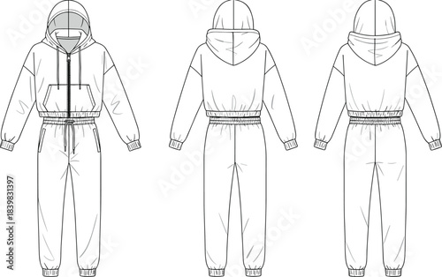 Hoodie tracksuit front and back technical flat fashion design with jogger pants details, sportswear clothing template, cad drawing flat vector illustration