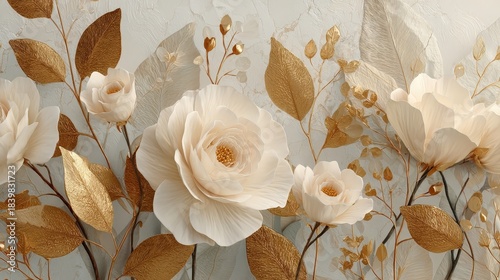 Elegant floral arrangement in soft tones with golden accents and textured background